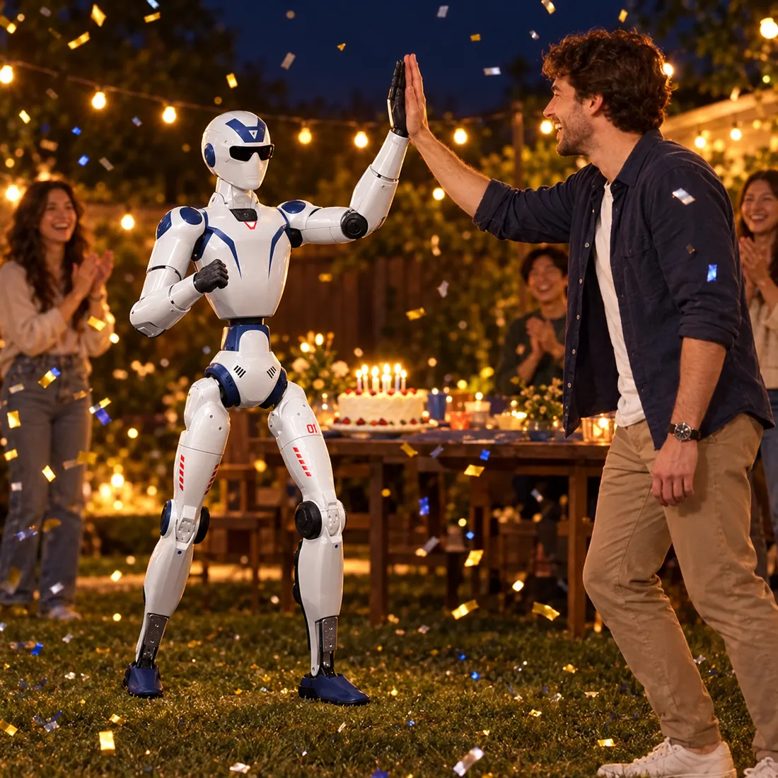 A humanoid robot high-fiving a guest at a backyard birthday party