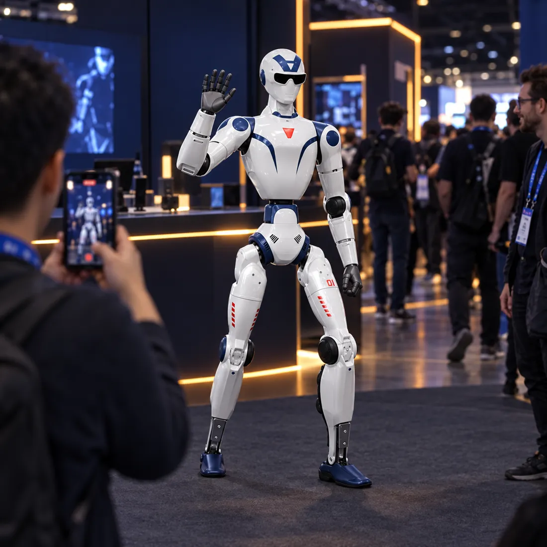 A humanoid robot greeting attendees at a trade show booth