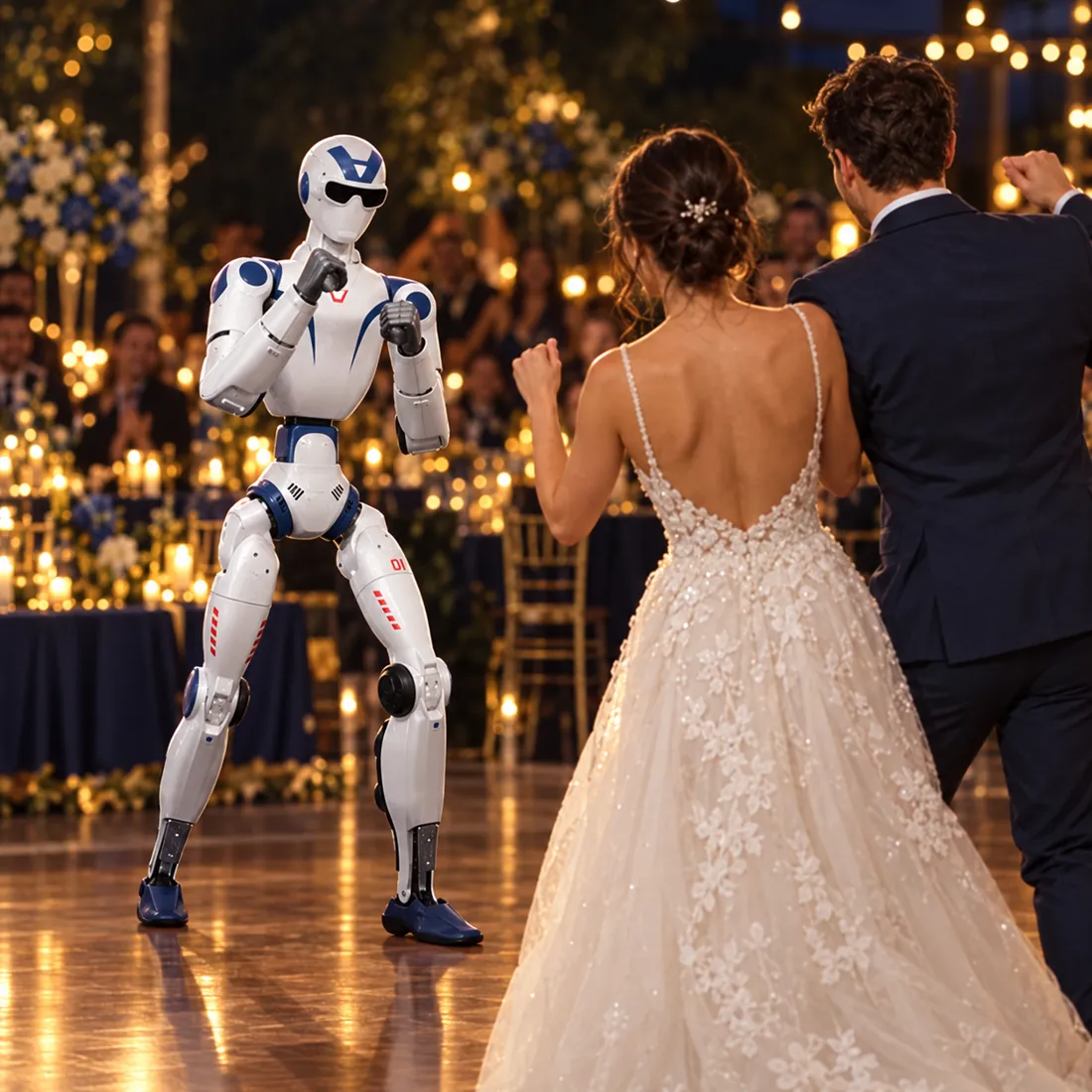 A humanoid robot dancing beside a bride and groom at a reception